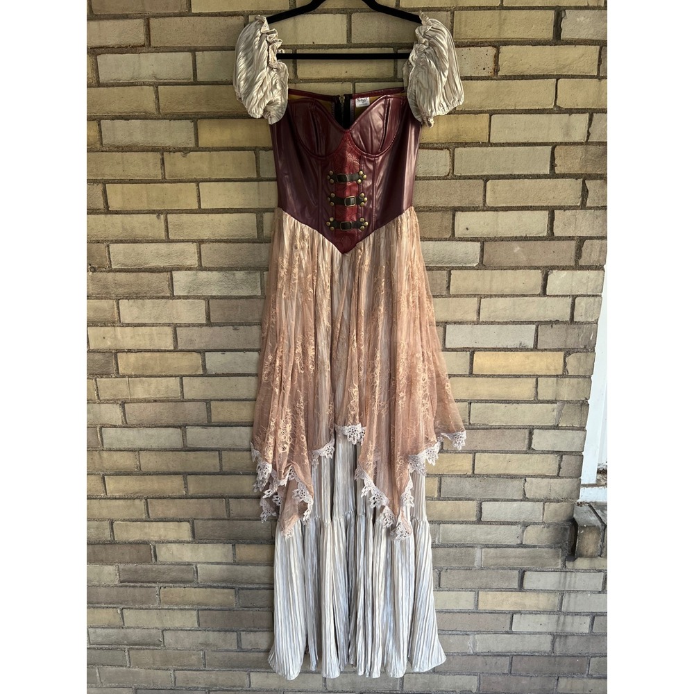 Spirit Halloween Pirate Wench Costume Dress Size XS Burgundy Tan Lace Steampunk
